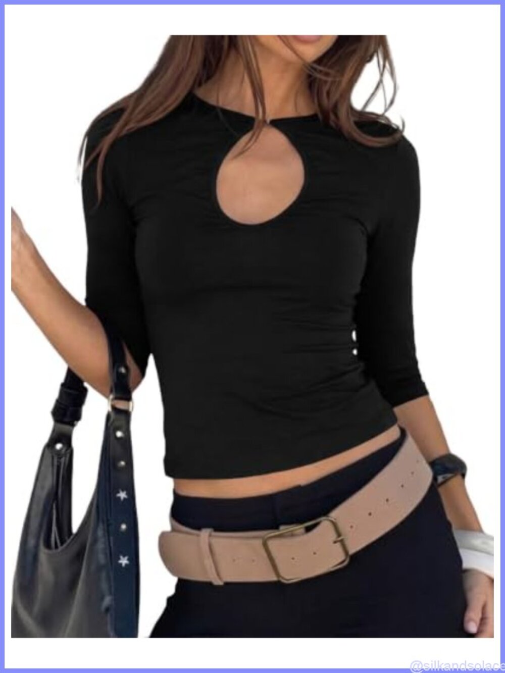 Women 3/4 Sleeve Keyhole Crop Top High Neck Slim Fit Y2K Tee